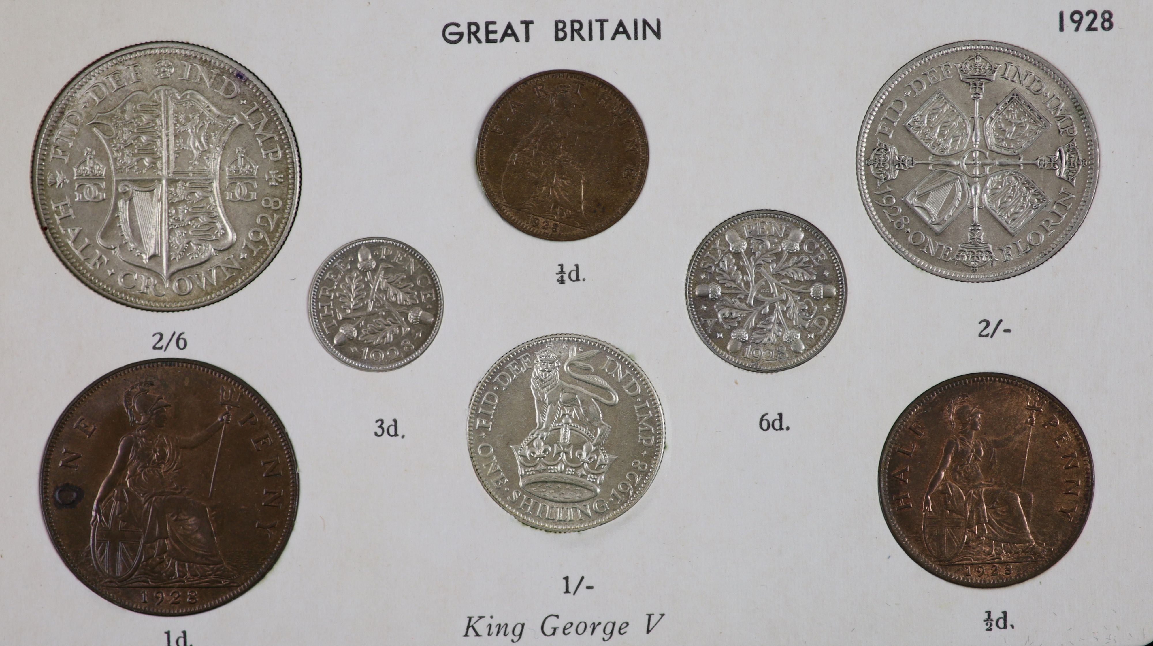 A George V specimen set of nine coins, 1928, fourth coinage, comprising Crown, 1928 (S 4036), cleaned, obv. edge nick at 12, otherwise EF, halfcrown to threepence, cleaned otherwise near EF, penny to farthing, toned and